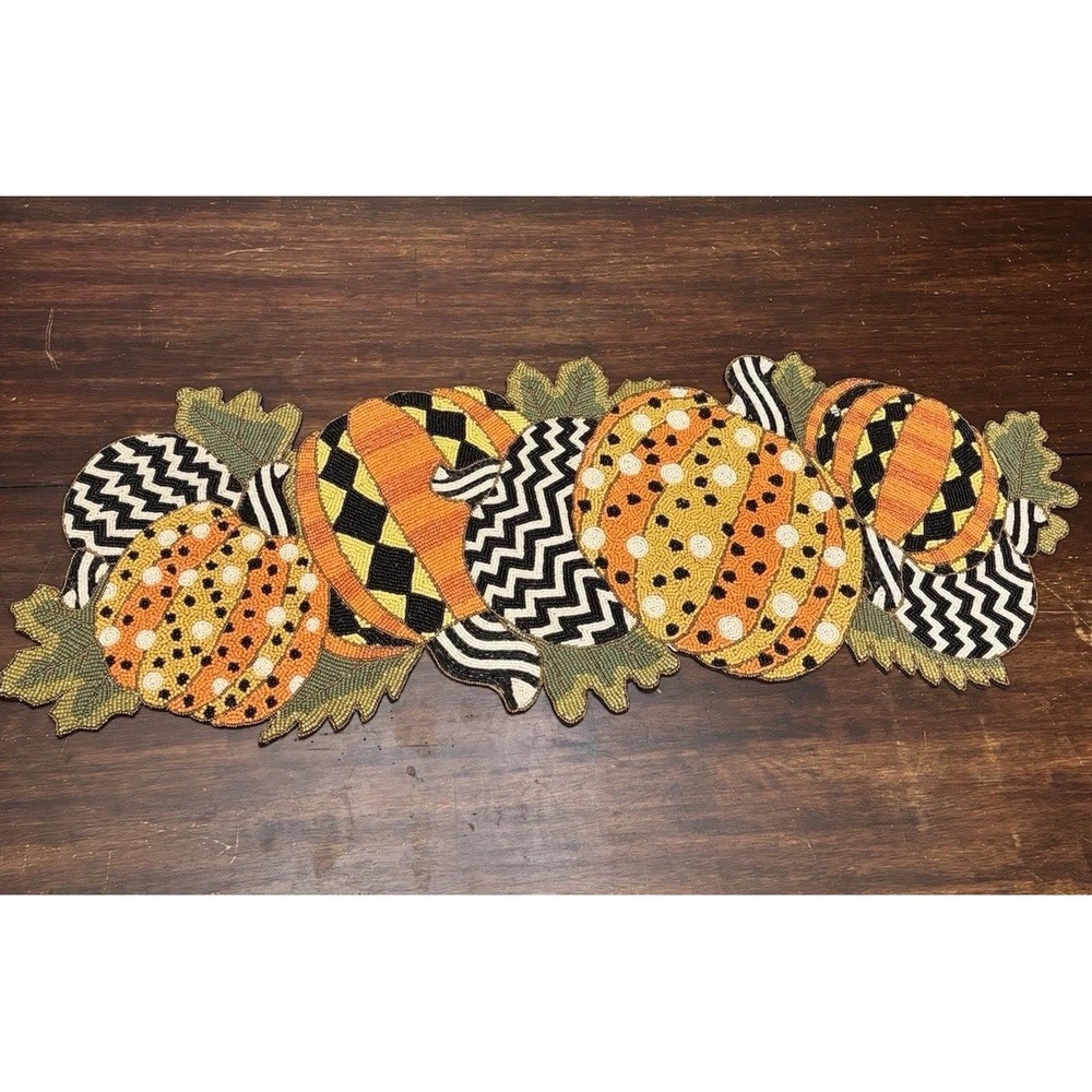 MacKenzie-Childs Polka Pumpkin Beaded Table Runner Halloween Fall 36" x 12"